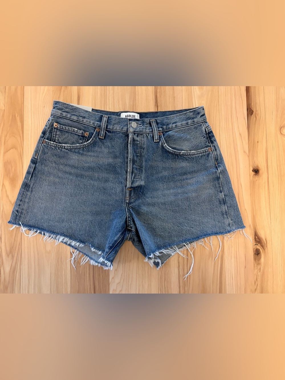 New Agolde Parker Long Shorts Womens Sz 29 Blue Denim Cut Off Button Fly Raw Hem - Picture 5 of 12